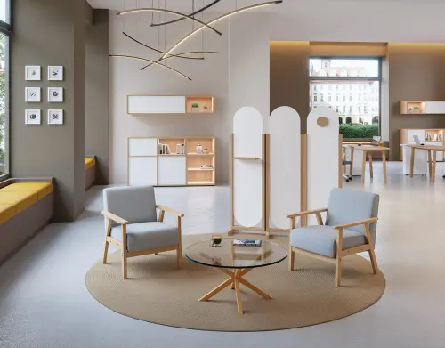 ATMOSFERE ROUND 419, dřevěný 3-dílný paraván, mobilní, výška 1900 mm, rám bílá, výplň šedo-zelinkavá, polička, věšák